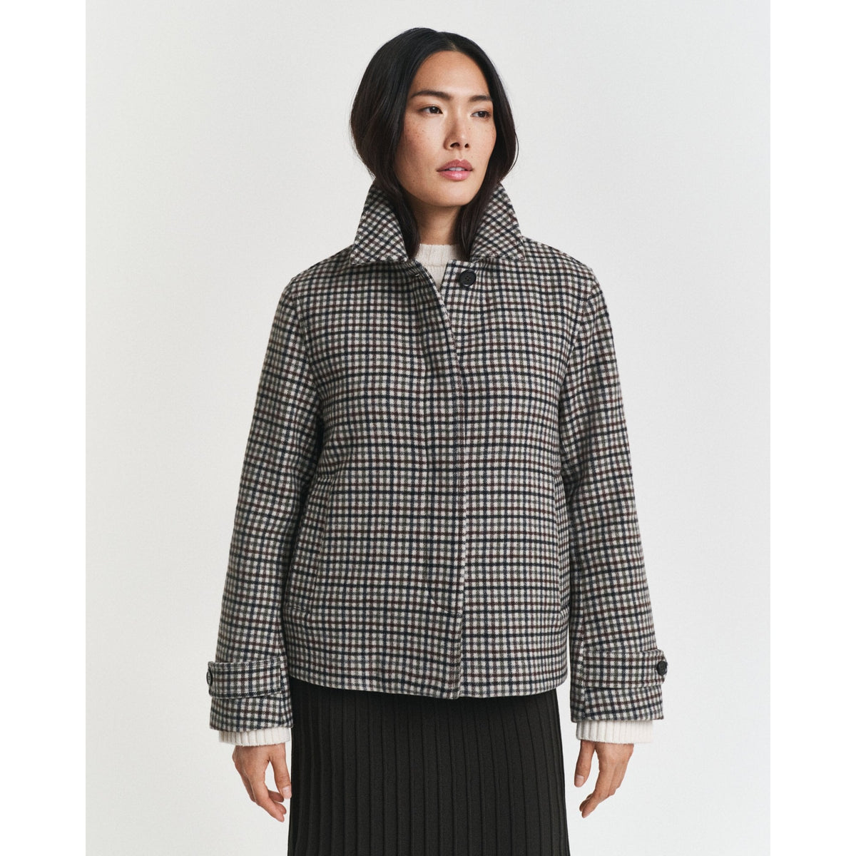 Short Checked Wool Blend Car Coat