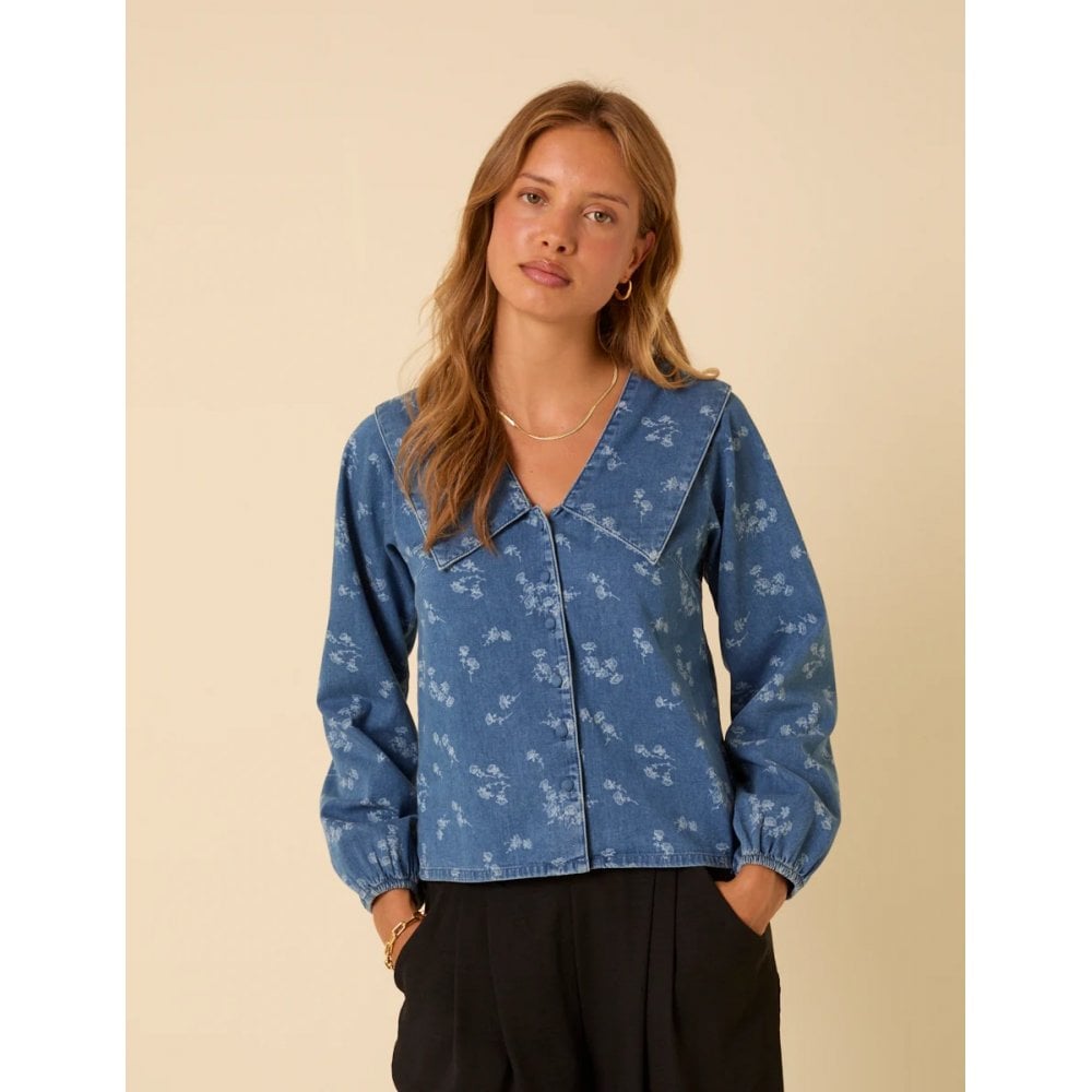 Denim Long Sleeve Floral Sailor Blouse
