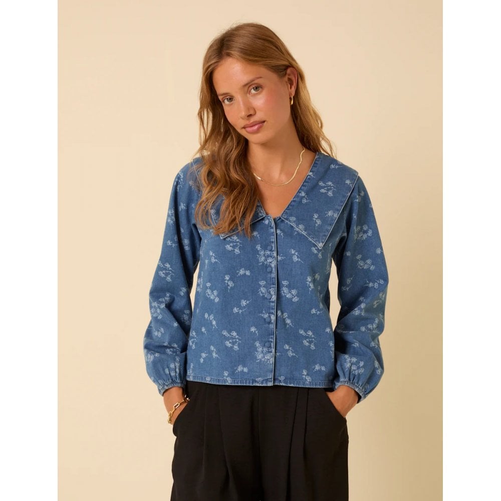 Denim Long Sleeve Floral Sailor Blouse