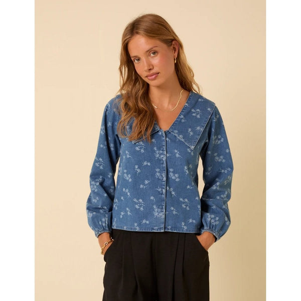 Denim Long Sleeve Floral Sailor Blouse